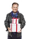 Handsome Man Wearing Black Leather Jacket Holding Christmas Gifts on Whit Royalty Free Stock Photo