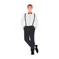 Handsome man wearing trousers with suspenders, shirt, bow tie. Elegant outfit. Hands inside pocket