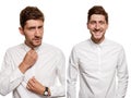 Handsome man in a white shirt makes faces, isolated on a white background