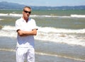 Handsome man in windiness on beach Riumar Spain