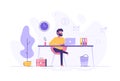 Handsome man is working at his laptop. Modern office interior with work process icons on the background. Vector illustration