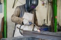 Handsome man workshop welding iron spark fire hot steel with a power GMAW welder and protective gear Royalty Free Stock Photo