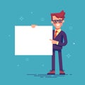 Handsome manager in formal suit holding a blank sheet and pointing by index finger to it. Vector illustration. Royalty Free Stock Photo