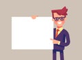 Handsome manager in formal suit holding a blank sheet and pointing by index finger to it. Vector flat illustration.