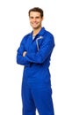 Handsome Mechanic In Overalls Holding Wrench Royalty Free Stock Photo