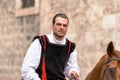 Marche, Ascoli Piceno, Reenactment, Giostra della Quintana: handsome medieval knight on horseback