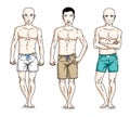 Handsome men group standing with perfect body, wearing beach shorts. Vector different people characters set. Lifestyle theme male Royalty Free Stock Photo