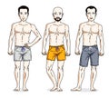 Handsome men posing with athletic body, wearing beach shorts. Vector characters set. Lifestyle theme male characters. Royalty Free Stock Photo