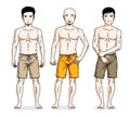 Handsome men standing wearing beach shorts. Vector people illustrations set. Lifestyle theme male characters. Royalty Free Stock Photo