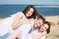 Friends holidays man and two girl in summer beach vacation Royalty Free Stock Photo