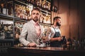 Elegant groomed man is drinking alcohol at the bar