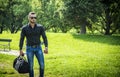 Handsome Muscular Hunk Man Outdoor in City Park Royalty Free Stock Photo
