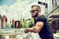 Handsome Muscular Hunk Man Outdoor in City Setting Royalty Free Stock Photo