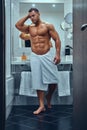 A handsome muscular male in stylish twin bathroom.