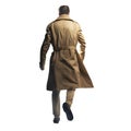 Handsome mysterious man walking away. wearing a brown leather trench coat. Noir vintage sin city private detective. PNG file