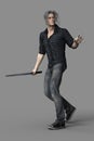 Handsome older male urban fantasy style figure holding a sword