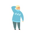 Handsome overweight man dressed in blue sweater with deers and jeans, fat guy in fashionable clothes, body positive