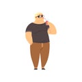 Handsome overweight man drinking soft drink, fat guy in fashionable clothes, body positive vector Illustration on a