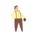 Handsome overweight man wearing pants with suspenders, shirt and a bow tie, fat guy in fashionable clothes, body