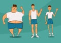 Handsome person in a different forms. Set of cartoon style illustrations. Man with excess weight, in normal shape and with