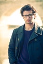 Handsome portrait man outdoor. Model hair and clothing style. Royalty Free Stock Photo