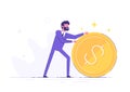 Handsome positive businessman is rolling a huge golden dollar coin. Earning, saving and investing money concept. Flat vector Royalty Free Stock Photo