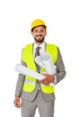 Positive engineer in suit and safety vest holding blueprints and looking at camera isolated on white Royalty Free Stock Photo