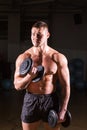 Handsome power athletic guy bodybuilder doing exercises with dumbbell. Fitness muscular body on dark background Royalty Free Stock Photo