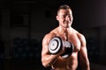 Handsome power athletic guy bodybuilder doing exercises with dumbbell. Fitness muscular body on dark background Royalty Free Stock Photo