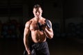 Handsome power athletic guy bodybuilder doing exercises with dumbbell. Fitness muscular body on dark background Royalty Free Stock Photo