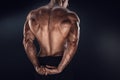 Handsome power bodybuilder showing his back