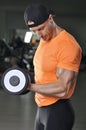 Handsome powerful athletic man performing biceps exercise with dumbbell Royalty Free Stock Photo