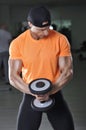 Handsome powerful athletic man performing biceps exercise with dumbbell Royalty Free Stock Photo