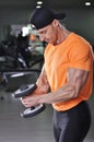Handsome powerful athletic man performing dumbbell exercise. Royalty Free Stock Photo