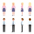 Handsome, pretty office worker man, woman vector. Standing, smiling, front, side, back view male, female people cartoon character