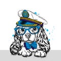 A handsome puppy in a cap, glasses and a tie. A pedigree dog in the captain`s costume of a ship. Vector illustration. Royalty Free Stock Photo