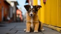 Handsome puppy sitting on the street alone near the yellow wall Royalty Free Stock Photo