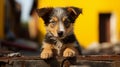 Handsome puppy sitting on the street alone near the yellow wall Royalty Free Stock Photo