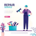 Handsome repairman holds wrench. Repair service landing page template. Serviceman in uniform. Male worker and box with tools