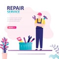 Handsome repairman with wrench and hammer. Repair service, landing page. Service man in uniform. Male worker and box with tools