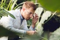 Handsome scientist in white coat and goggles taking plant sample in flask in orangery. Royalty Free Stock Photo