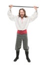 Handsome screaming man in historical pirate costume with cane