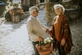 Senior couple walking with basket full of flowers and groceries in autumn park Royalty Free Stock Photo