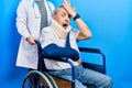 Handsome senior man with beard sitting on wheelchair with neck collar surprised with hand on head for mistake, remember error