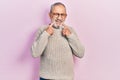 Handsome senior man with beard wearing casual sweater and glasses smiling with open mouth, fingers pointing and forcing cheerful Royalty Free Stock Photo