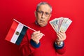 Handsome senior man with grey hair holding egypt flag and egyptian pounds banknotes clueless and confused expression Royalty Free Stock Photo