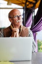 Handsome Senior Man Working Coffee Shop Relaxation Concept Royalty Free Stock Photo