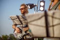 Bearded male guitarist playing guitar on the street Royalty Free Stock Photo