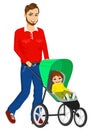 Handsome single father pushing stroller