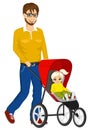 Handsome single father pushing stroller